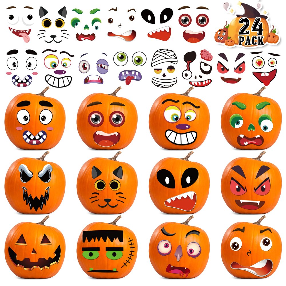24 Pack Pumpkin Decorating Stickers, Face Stickers for Mini Small Pumpkin Make Your Own Face for Kids Toddlers Halloween Game Activities Gifts Party Favors