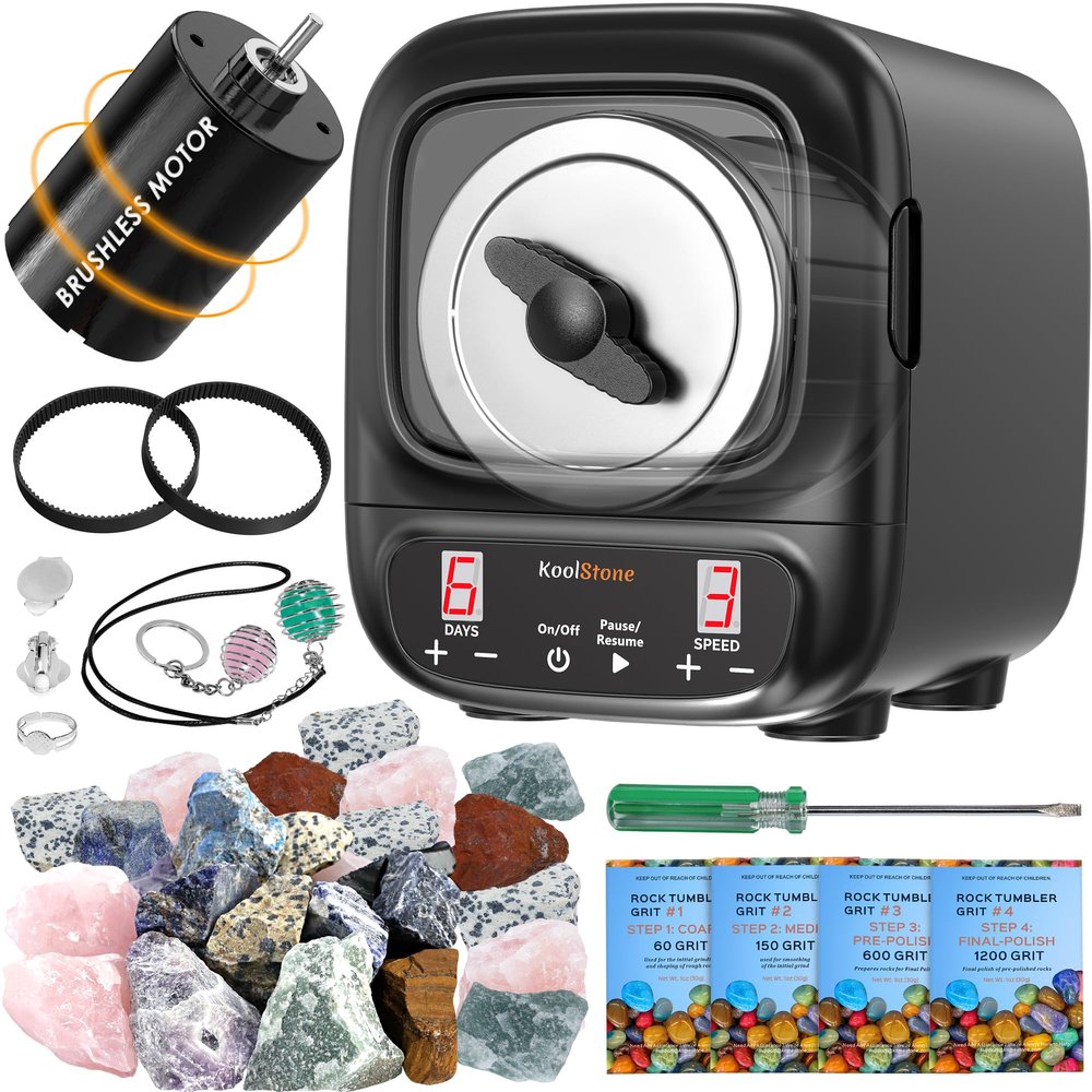 KoolStone C1 Pro Max Professional Rock Tumbler Kit - Large 3LB Capacity & Brushless Motor, Up to 6X More Noise Cancelling, Ultra Quiet Rotary Polisher with Full Accessories, Ideal for Adults Kids