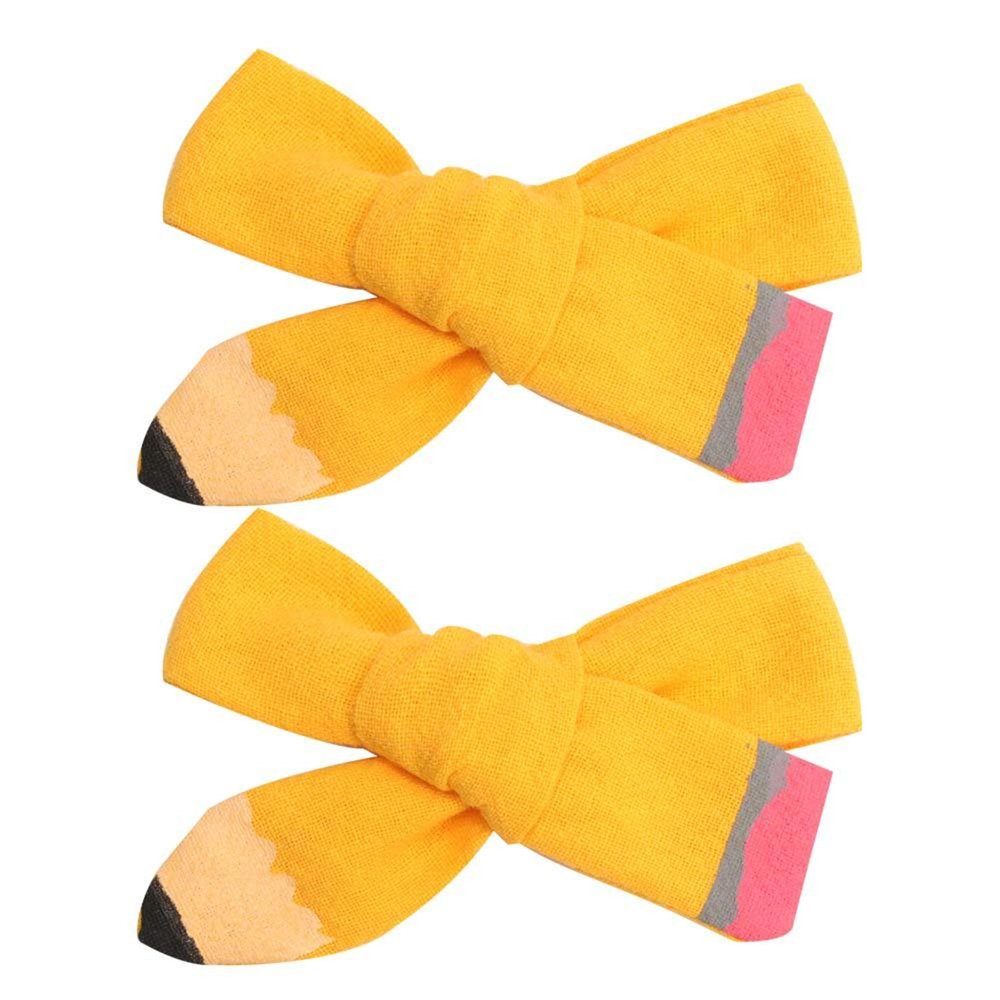 3.5"Yellow White Pencil Hair Bows Clips School Bow Cheer Bow Clip, Back to School Hair Bow Ponytail Holder.(FX2-1)