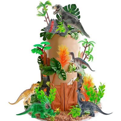 18 PCS Dinosaur Cake Toppers with Dinosaur Eggs Leaves Trees Cake Decorations for Wild Animals Theme Birthdaytype1