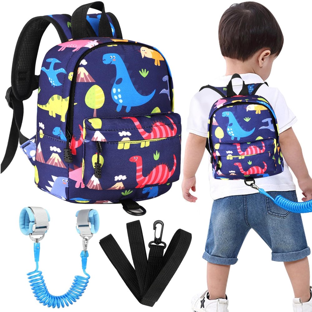 Accmor Toddler Backpack Leash with Anti Lost Wrist Link, Cute Mini Child Walking Harnesses Keep Kids Close Back Pack Rope Tether Rein for Baby Boys (Navy Blue/Dino)