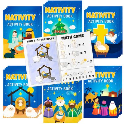 24Pcs Nativity Activity Books for Kids Christmas Mini Games Coloring Book Set Bulk Mazes Word Search Word Scramble Games for Xmas Religions Party Goodie Bags Stuffers Sunday School Classroom Favors