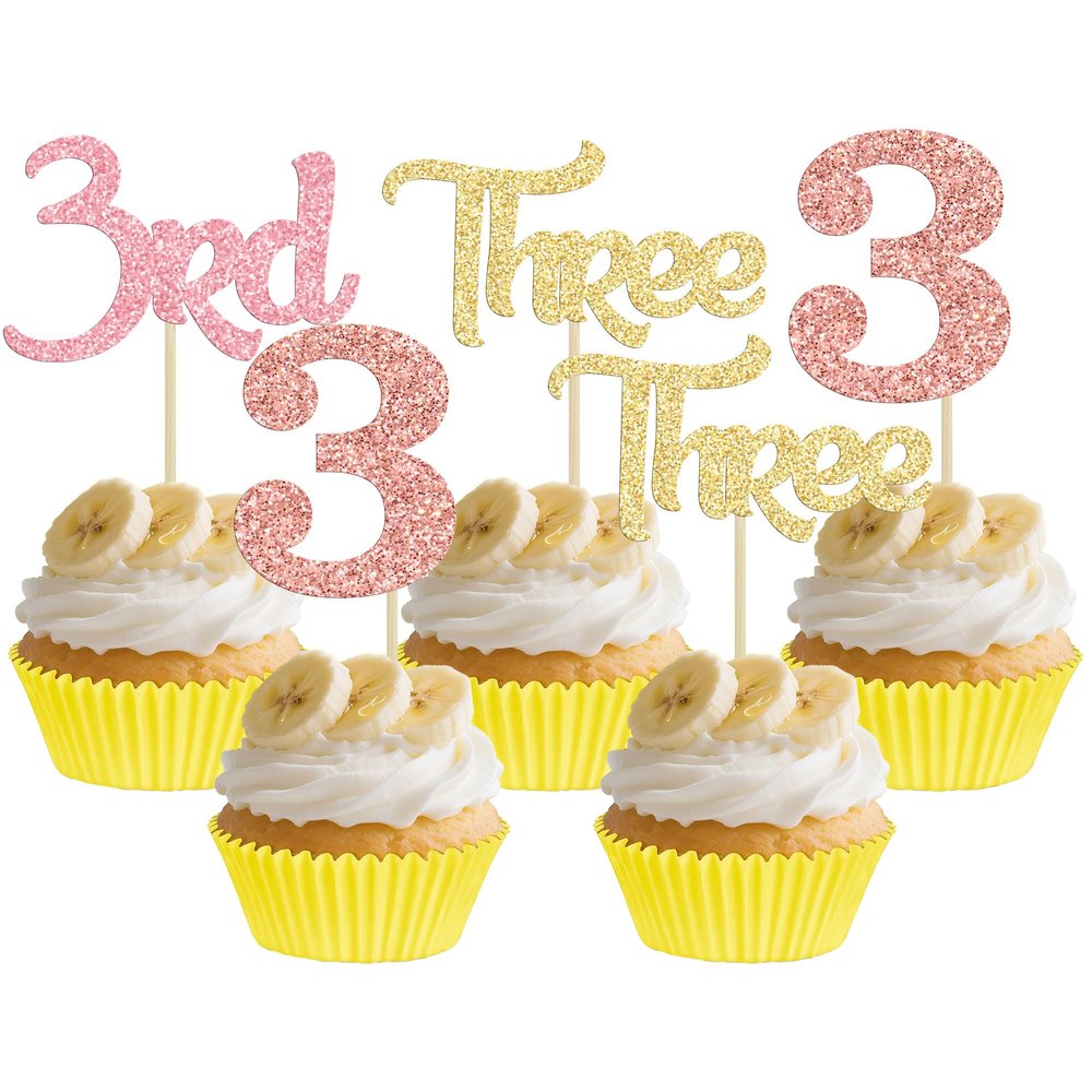 24 Pack 3rd Birthday Cupcake Toppers Glitter Third Birthday Three Cupcake Picks for Baby Shower 3rd Birthday Anniversary Party Cake Decorations Supplies Gold Pink Rose Gold