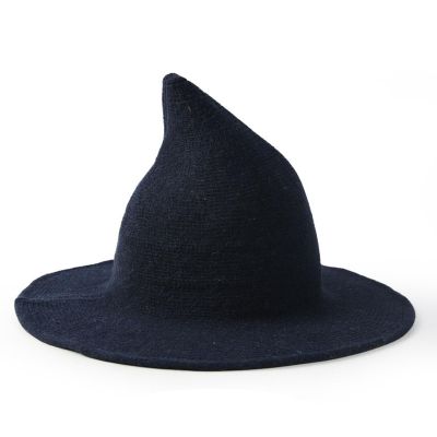 APOSU Witch Hat,Foldable Wool Halloween Witch Hat for Women,Pointed Wizard Cap for Cosplay Costume Accessory and Daily (Navy Blue)