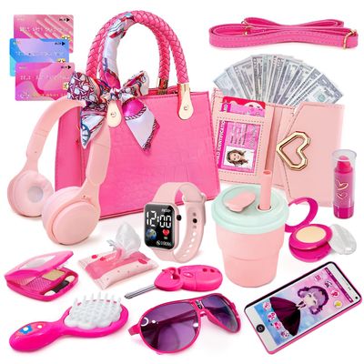 Little Girl Purse with Pretend Makeup for Toddlers, Kids Play Purse Set - Includes Handbag, Pretend Play Headset, Wallet, Phones, Birthday Gift for Girls Age 3+ (Deluxe Purse Set-Hot Pink)