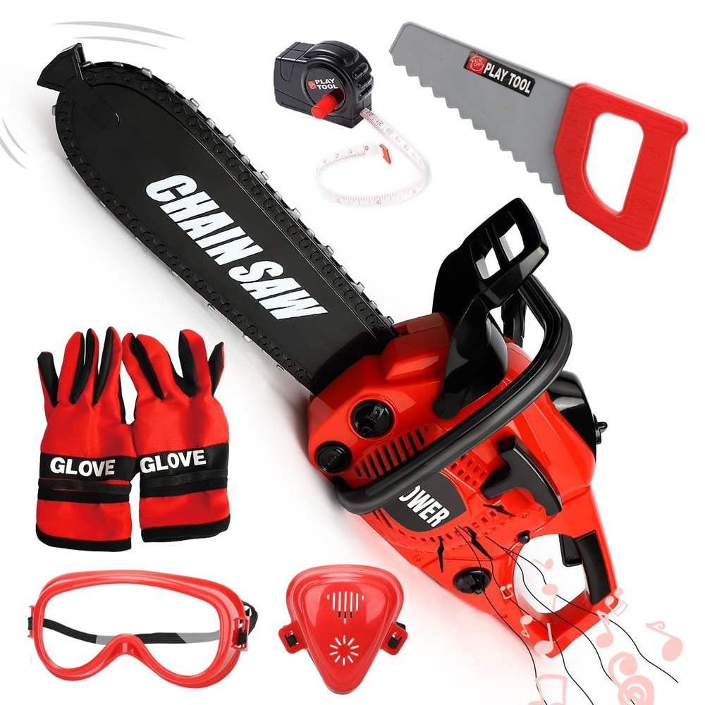 TOY Life Toy Chainsaw Kids Tool Set with Gloves Toddler Pretend Play Construction Tool Electric Chainsaw Play Set Outdoor Toy for Kids Halloween Costume for Boys Ages 3 4 5 6 7 8