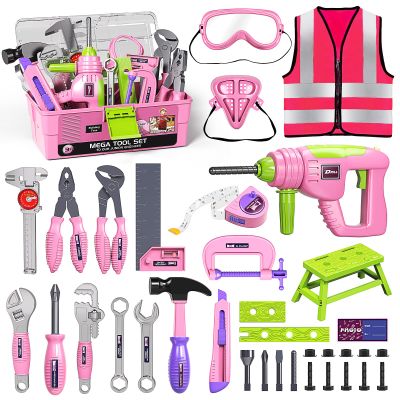 Deejoy Pink Kids Tool Set for Girls-Toddler Tool Set with Electronic Toy Drill & Tool Box, STEM Pretend Play Construction Toys with Costume Vest, Educational Gifts for Age 3 4 5 6 7 Year Old