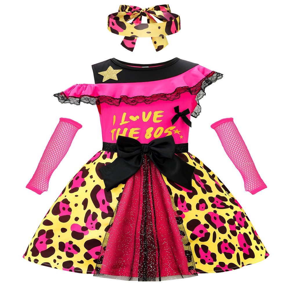 ReliBeauty Girls 80s Costume Kids Fancy Dress Costumes Accessories for Girls Cosplay 1980s Theme Retro Party 3T/100