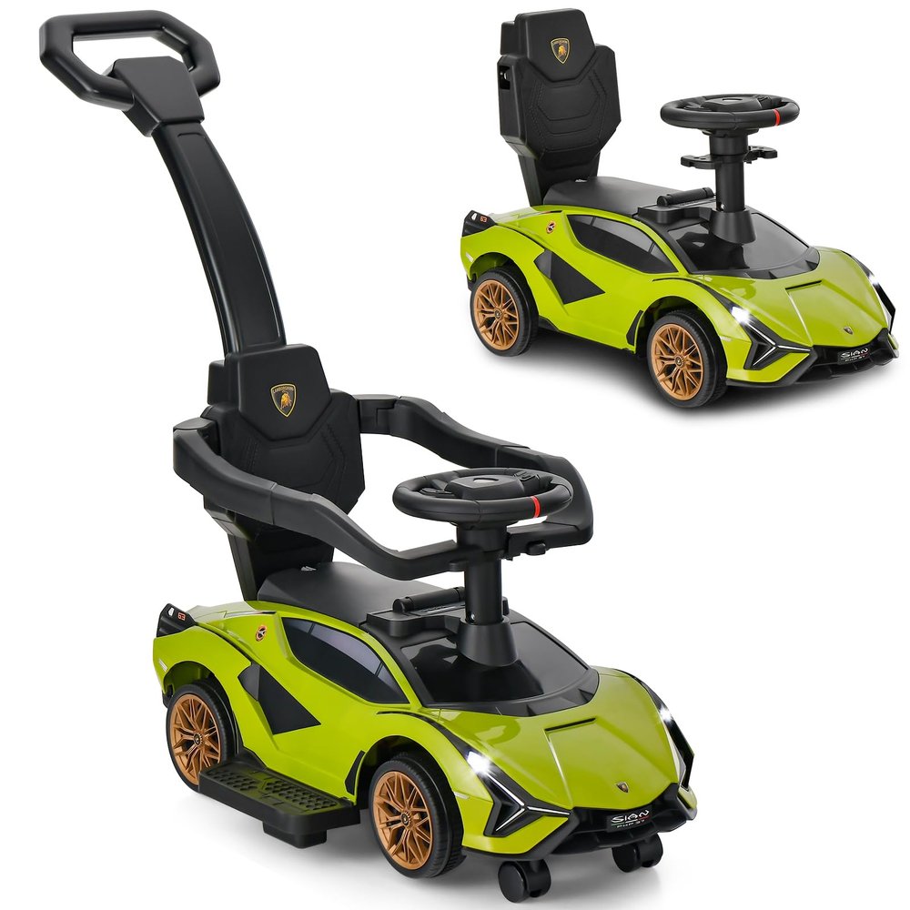 INFANS 3 in 1 Ride on Push Car, Licensed Lamborghini Baby Stroller Sliding Walking Car with Push Handle, Music, USB, Headlight, Under Seat Storage, Kids Foot-to-Floor Toy for 18-60 Months (Green)