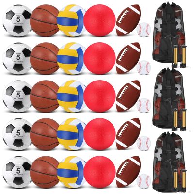 Liliful 36 Pcs Bulk Assorted Sports Balls Equipment Set with Pump & Carry Bag Soccer, Basketball, Volleyball, Football & Playground Ball for School PE, Outdoor Game & Team Training(Brown Red)