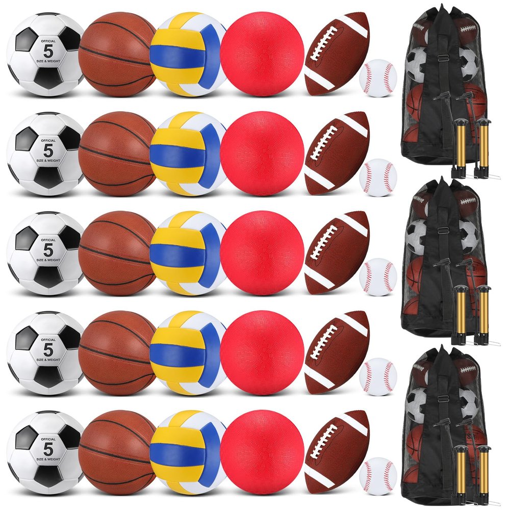 Liliful 36 Pcs Bulk Assorted Sports Balls Equipment Set with Pump & Carry Bag Soccer, Basketball, Volleyball, Football & Playground Ball for School PE, Outdoor Game & Team Training(Brown Red)