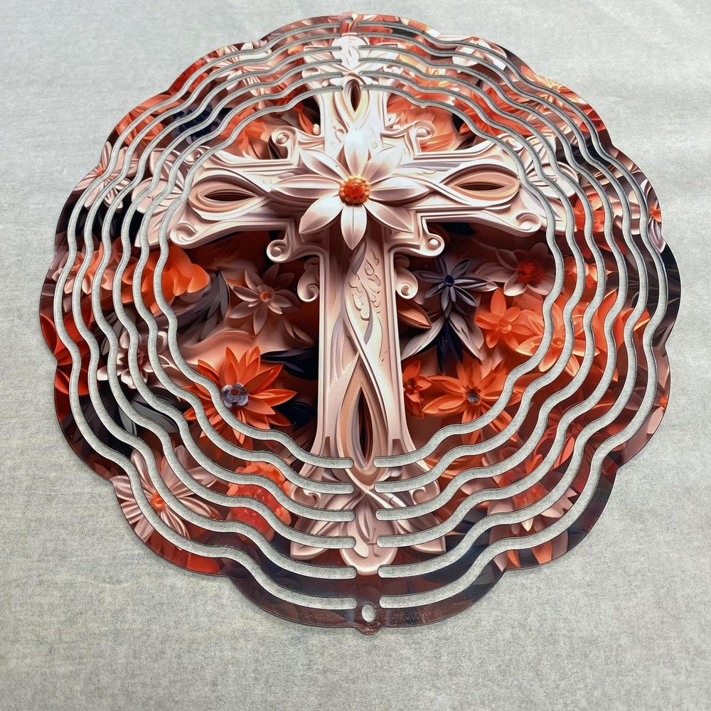 10" Cream 3D Cross and flowers Windspinner