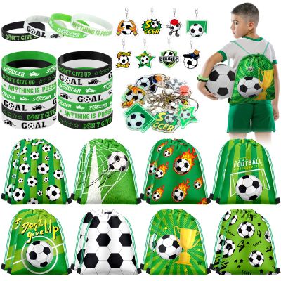 Talltalk 48 Pcs Soccer Party Favors Gifts Sets Soccer Team Gifts Include 16 Sets Drawstring Backpack Goodie Bags Stuffers Candy Snack Bags Wristband Keychains for Sports Birthday Party Supplies Decor