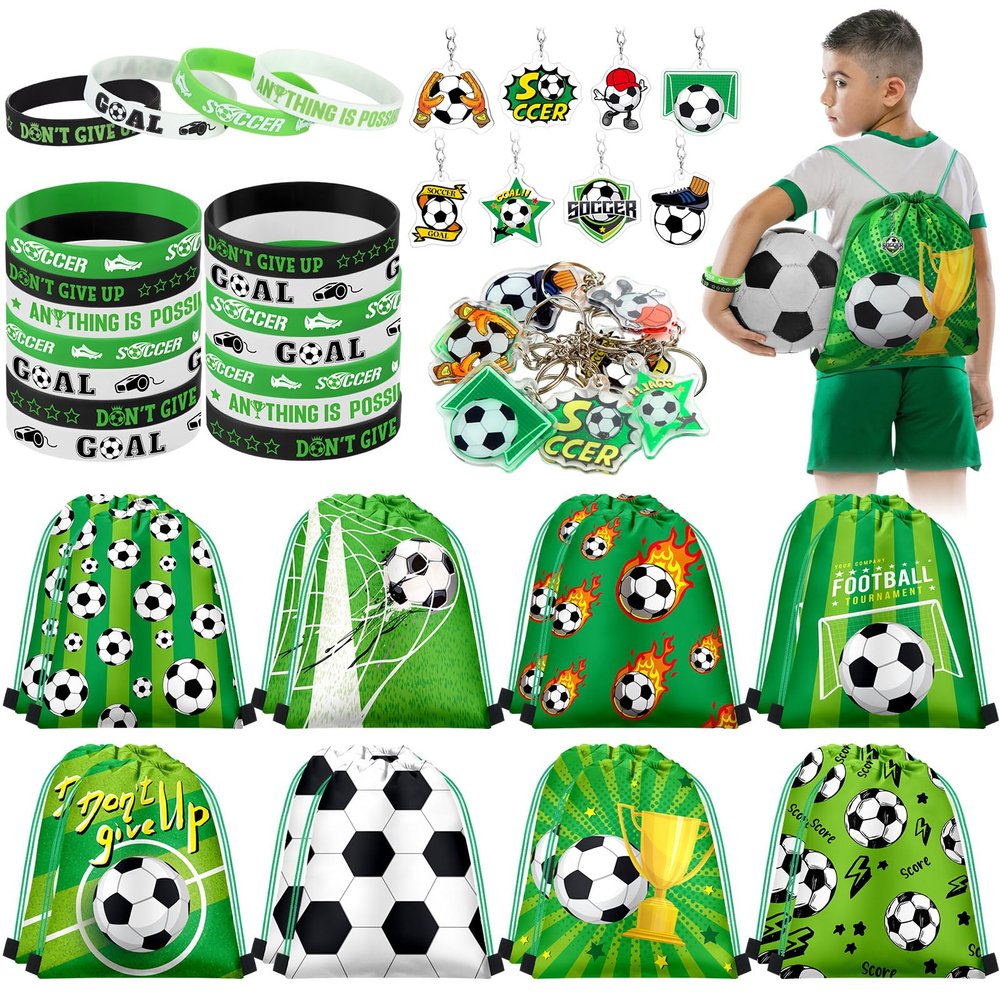 Talltalk 48 Pcs Soccer Party Favors Gifts Sets Soccer Team Gifts Include 16 Sets Drawstring Backpack Goodie Bags Stuffers Candy Snack Bags Wristband Keychains for Sports Birthday Party Supplies Decor