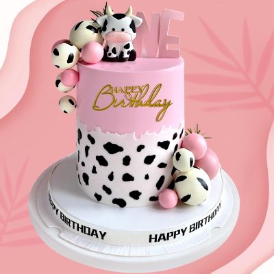 14 Pcs Cow Cake Decorations Pearls Balls Cake Toppers with Gold Happy Birthday Acrylic Cake Topper for Farm Animal Theme Wedding Birthday Party Supplies (Pink)