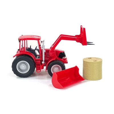 Big Country Toys Red Tractor & Implements, 1:20 Scale, Toy Tractor with Hay Bale and Bucket Attachment, Working Doors, Red, Ages 3 and Up