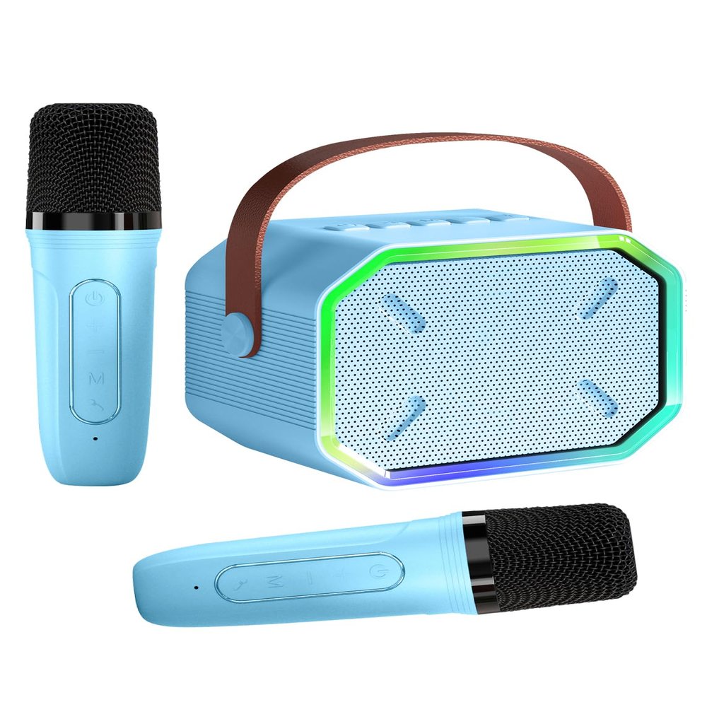 Karaoke Machine for Kids and Adults, Mini Portable Bluetooth Speaker with 2 Wireless Microphones, Led Lights for TV, Kids Gifts for Girls Boys Family Party Birthday (Blue)