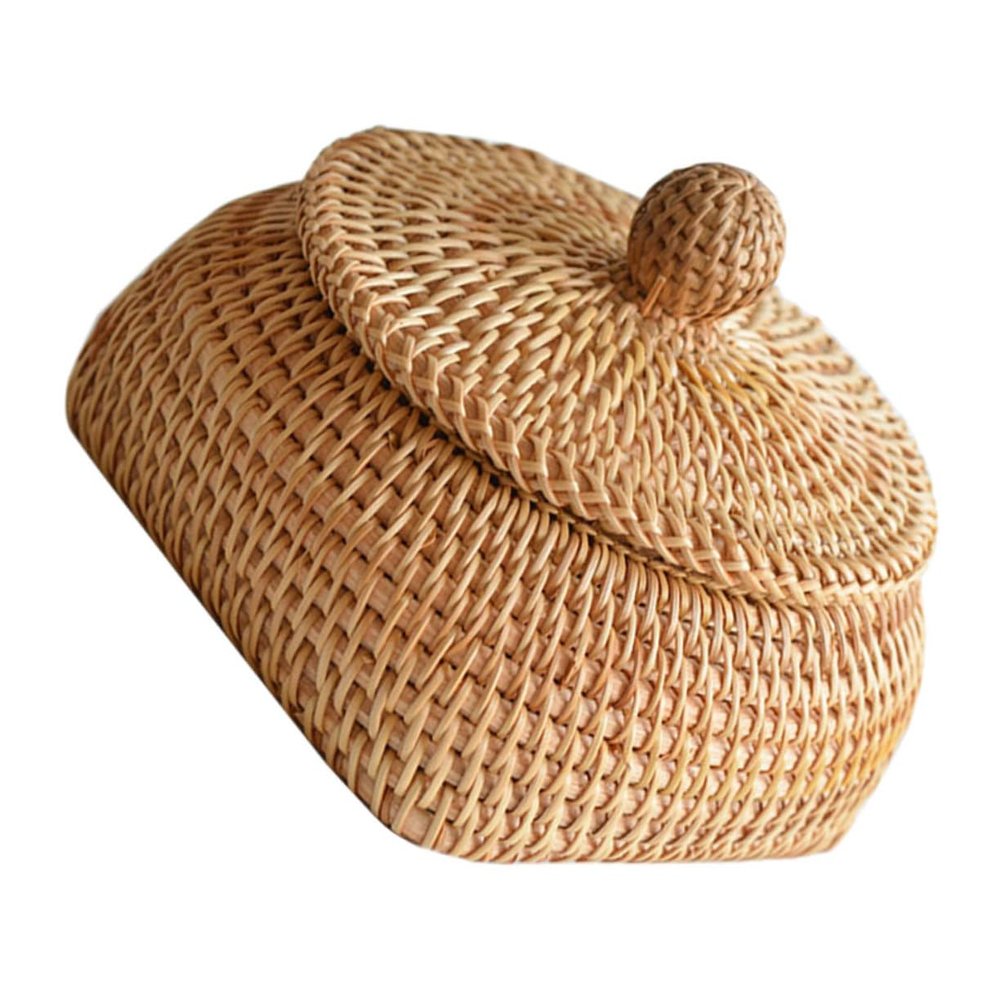 ABOOFAN 1pc Round Woven Storage Basket for Tea Table Organization Light Brown Remote Control Holder Stylish Sundries Organizer Natural Rattan Design for Home