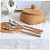 ABOOFAN 1pc Round Woven Storage Basket for Tea Table Organization Light Brown Remote Control Holder Stylish Sundries Organizer Natural Rattan Design for Home view 3