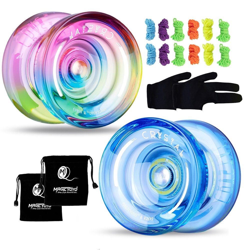 MAGICYOYO Pack of 2 Responsive Yoyos for Kids Beginners, K2 Crystal Yo-yos with 2 Yo Yo Gloves, 2 Yo yo Bags, 12 Yo yo Strings (Crystal Blue+Blue Pink Yellow)