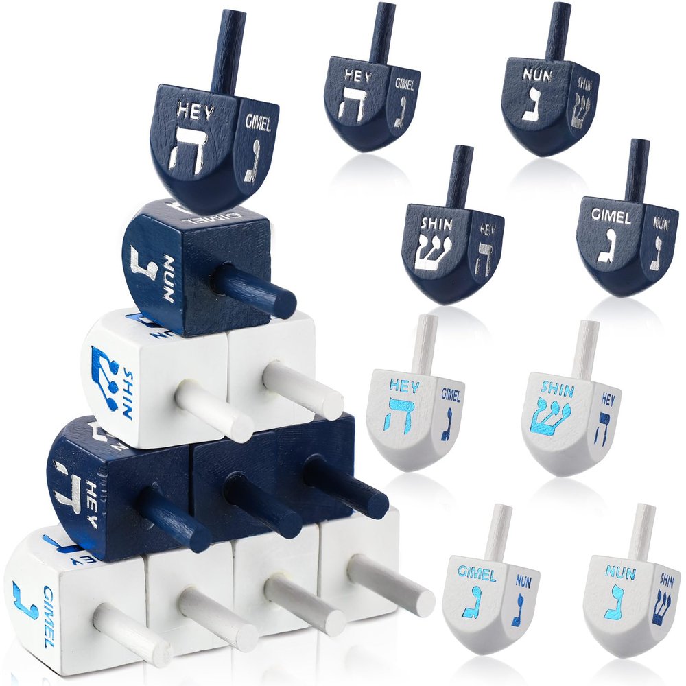 Jenaai 100 Pieces Purim Wooden Dreidel White Blue Natural Wood Dreidels for Passover Party Decorations Projects Crafts Family Fun (1.6 Inch)