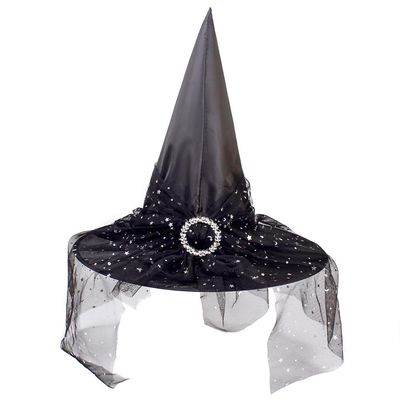 Ankelesz Halloween Witch Hat See-Through Lace Veils Printed Hats Wizard Hat for Women Cosplay Accessories (Black)