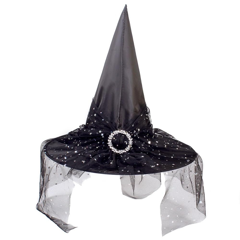 Ankelesz Halloween Witch Hat See-Through Lace Veils Printed Hats Wizard Hat for Women Cosplay Accessories (Black)