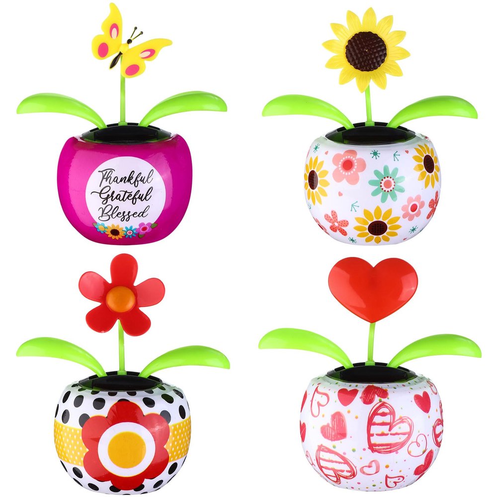 4 Solar Dancing Butterfly Toy Solar Powered Dancing Sun Flower in Colorful Pots Swinging Heart Shape Flip Flap Animated Bobblehead Dancer Window Rose Sun Catcher Car Dashboard Decor