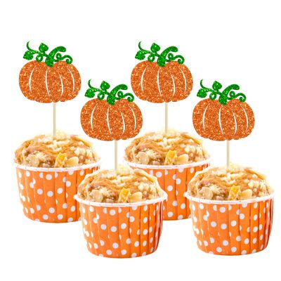 24Pcs Pumpkin Cupcake Toppers Glitter Fall Theme Cupcake Picks Pumpkin Themed Baby Shower Birthday Thanksgiving Halloween Party Cake Decorations Supplies Orange