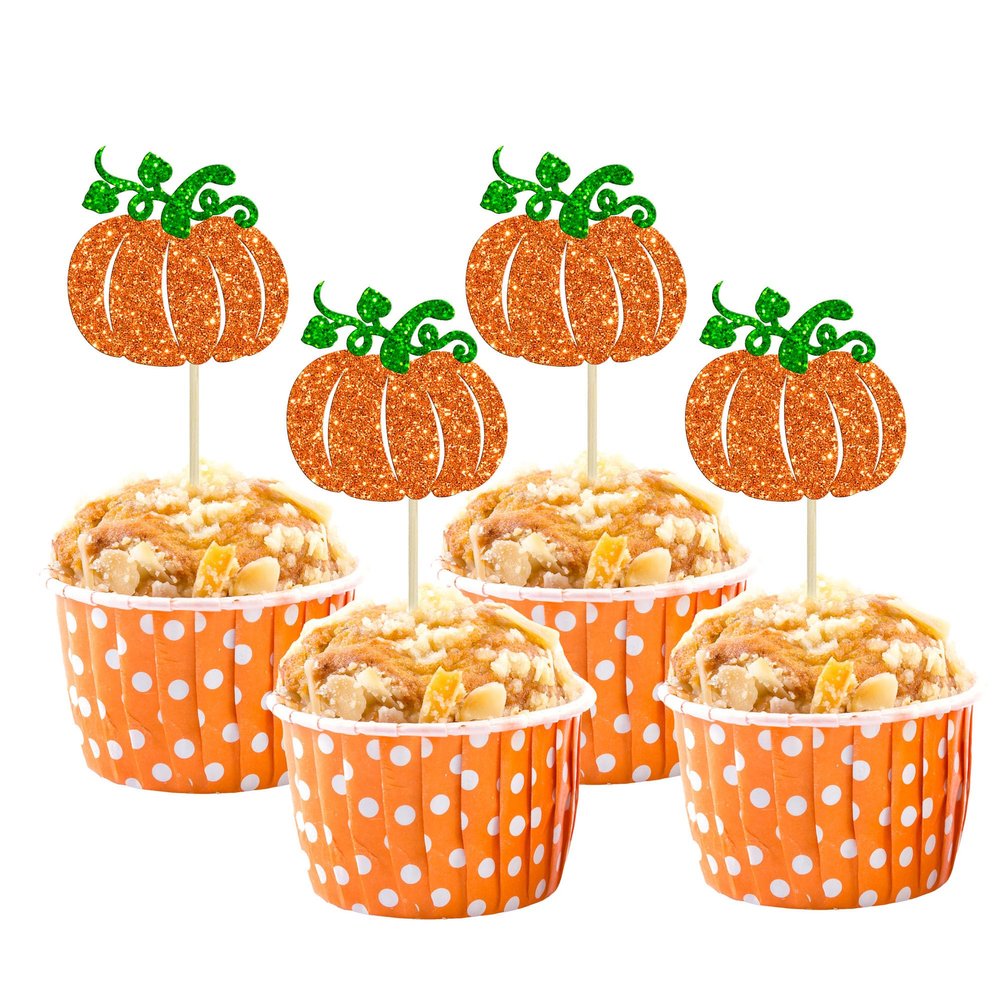 24Pcs Pumpkin Cupcake Toppers Glitter Fall Theme Cupcake Picks Pumpkin Themed Baby Shower Birthday Thanksgiving Halloween Party Cake Decorations Supplies Orange