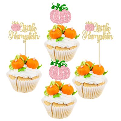 24Pcs Little Pumpkin Cupcake Toppers Glitter Girl Baby Shower Fall Theme Cupcake Picks Pumpkin Cake Decorations for Thanksgiving Halloween Baby Shower Kids Birthday Party Supplies Pink