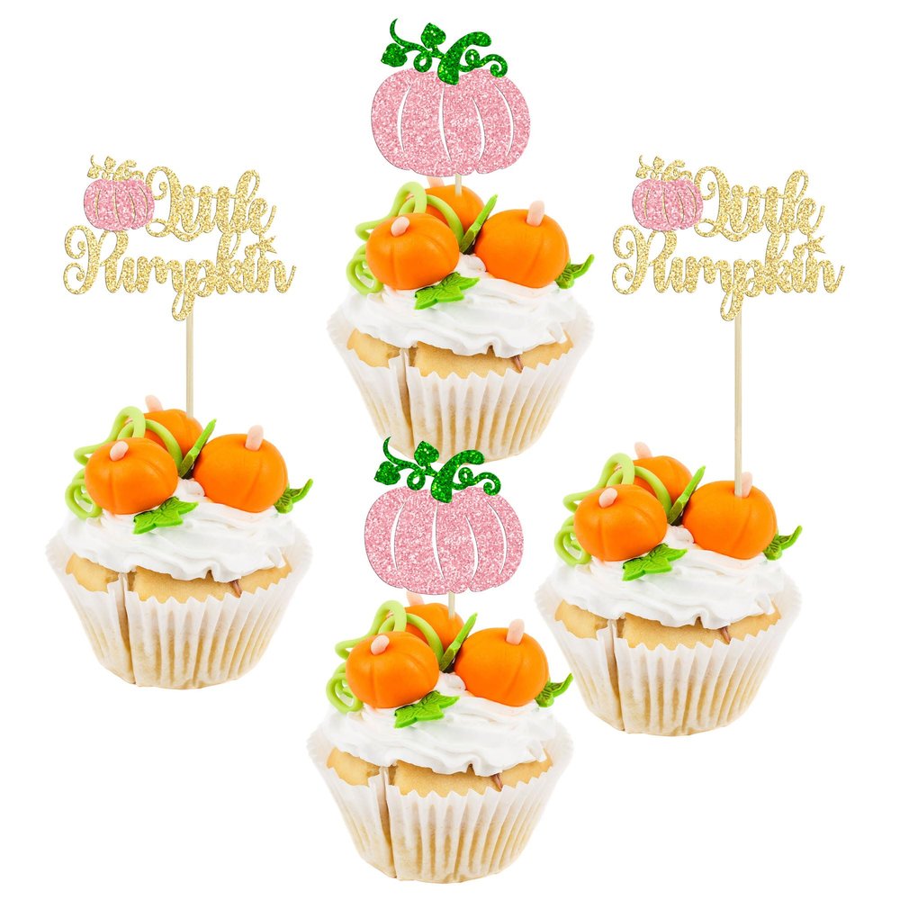 24Pcs Little Pumpkin Cupcake Toppers Glitter Girl Baby Shower Fall Theme Cupcake Picks Pumpkin Cake Decorations for Thanksgiving Halloween Baby Shower Kids Birthday Party Supplies Pink