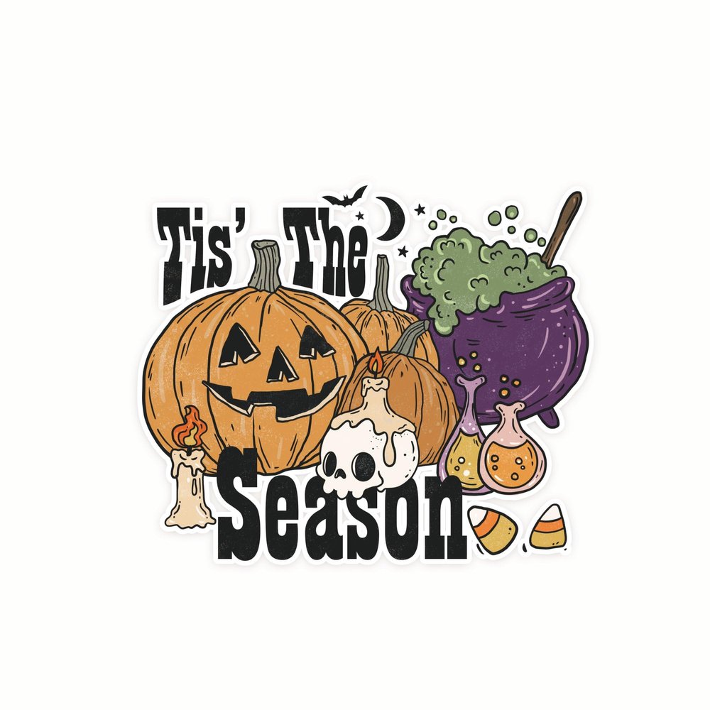 Tis The Season Stickers - 5 Inches On Longest Side - Set of 2 - Bubbling Cauldron Jack O Lanterns Candy Corn Halloween Themed - Stickers - for Toolbox, Car, Fridge - STAAG0040