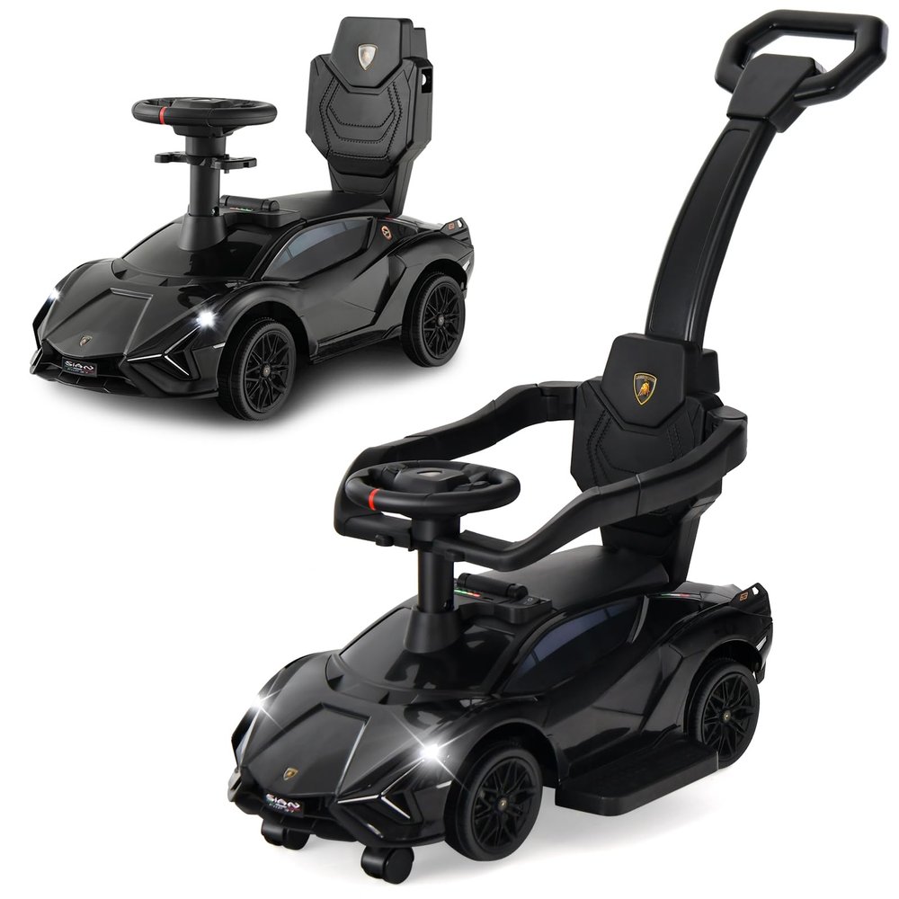 OLAKIDS 3 in 1 Ride on Push Car, Licensed Lamborghini SIAN Baby Sliding with Parent Control Handle Universal Wheels Guardrails, Toddlers Walking Toy with Music, Under Seat Storage (Dark)
