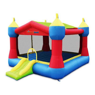 Bounceland Inflatable Party Castle Bounce House Bouncer [No Blower], 16 ft L x 13 ft W x 10.3 ft H, Basketball Hoop, Removable Sun Roof, Fun Slide and Bounce Area, Castle Theme for Kids