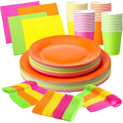 Tioncy 350 Pcs Neon Glow Party Supplies Serves 50, Plates Napkins Cups