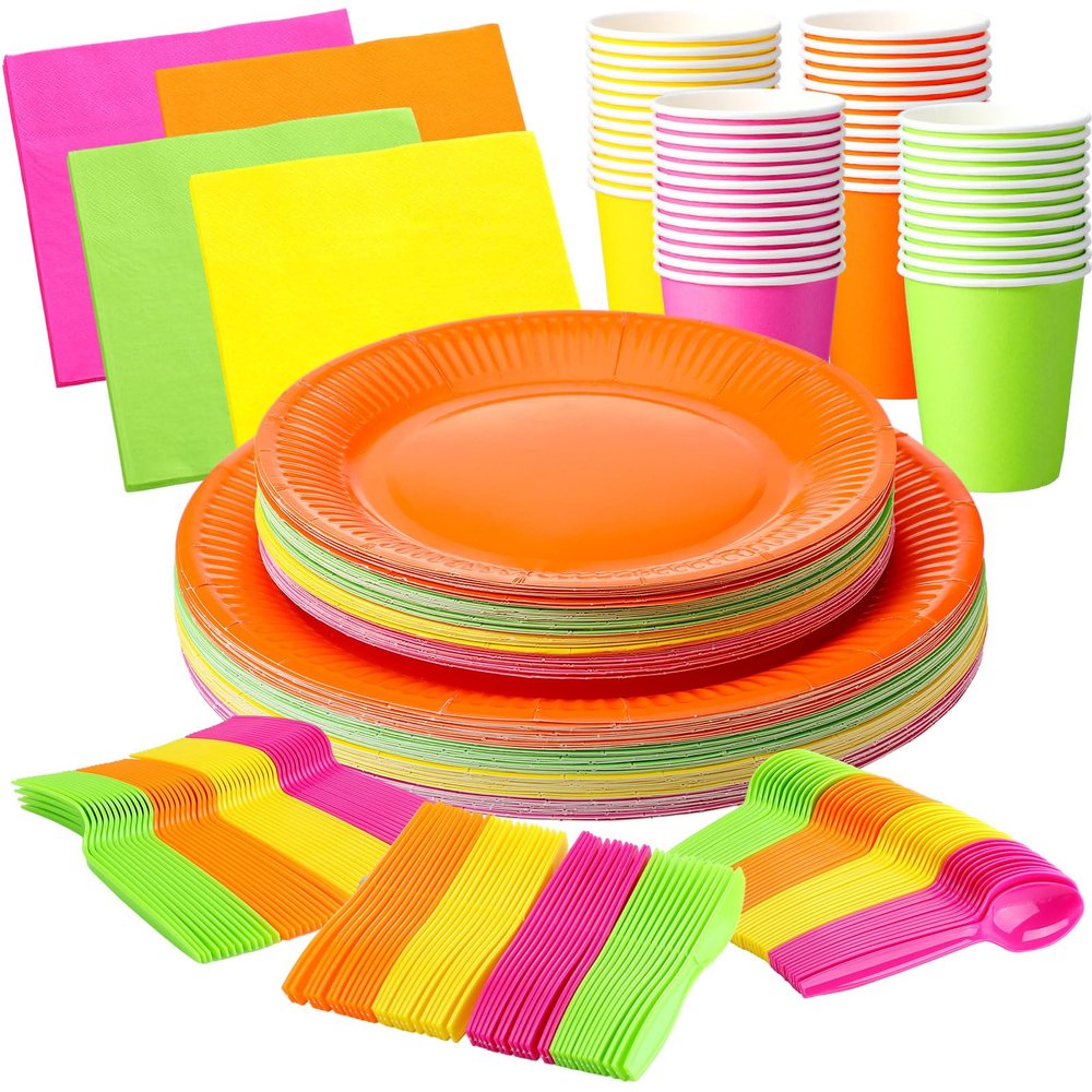 Tioncy 350 Pcs Neon Glow Party Supplies Serves 50, Plates Napkins Cups