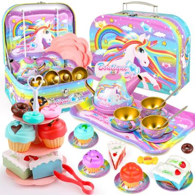 Unicorn Tea Party Set for Little Girls, Age 3 4 5 6 Year Old, Toddler Kids Kitchen Pretend Play Toys with Tin Tea Set, Cake Stand, for Girls Boys