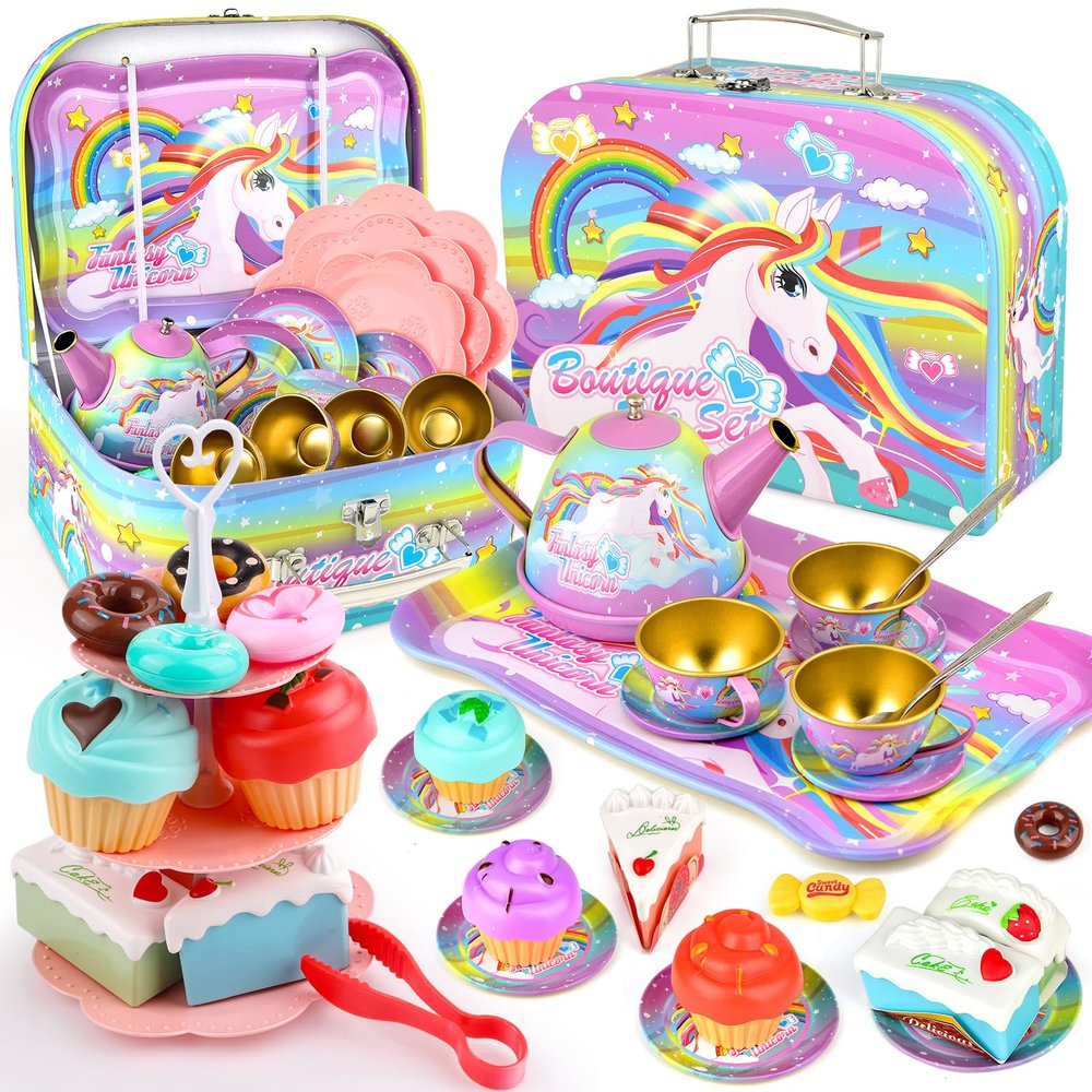 Unicorn Tea Party Set for Little Girls, Age 3 4 5 6 Year Old, Toddler Kids Kitchen Pretend Play Toys with Tin Tea Set, Cake Stand, for Girls Boys