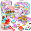 Unicorn Tea Party Set for Little Girls, Age 3 4 5 6 Year Old, Toddler Kids Kitchen Pretend Play Toys with Tin Tea Set, Cake Stand, for Girls Boys view 1