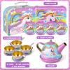 Unicorn Tea Party Set for Little Girls, Age 3 4 5 6 Year Old, Toddler Kids Kitchen Pretend Play Toys with Tin Tea Set, Cake Stand, for Girls Boys view 2