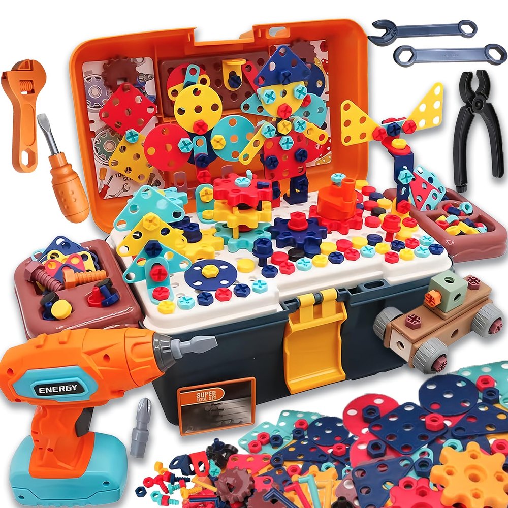 CZOALX Magic Montessori Play Toolbox, Design and Drill Toy, Kids Tool Set Box Kit for Toddler 3-5 Drill and Screw Toys, Building STEM Educational Kids Real Power Tools Toy for Boy Girl