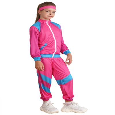 Fldy Boys Girls 80s 90s Tracksuit 3pcs Windbreaker Pants Headband Set Retro Disco Hippie Costumes Halloween Cosplay Pink 4-6 Years