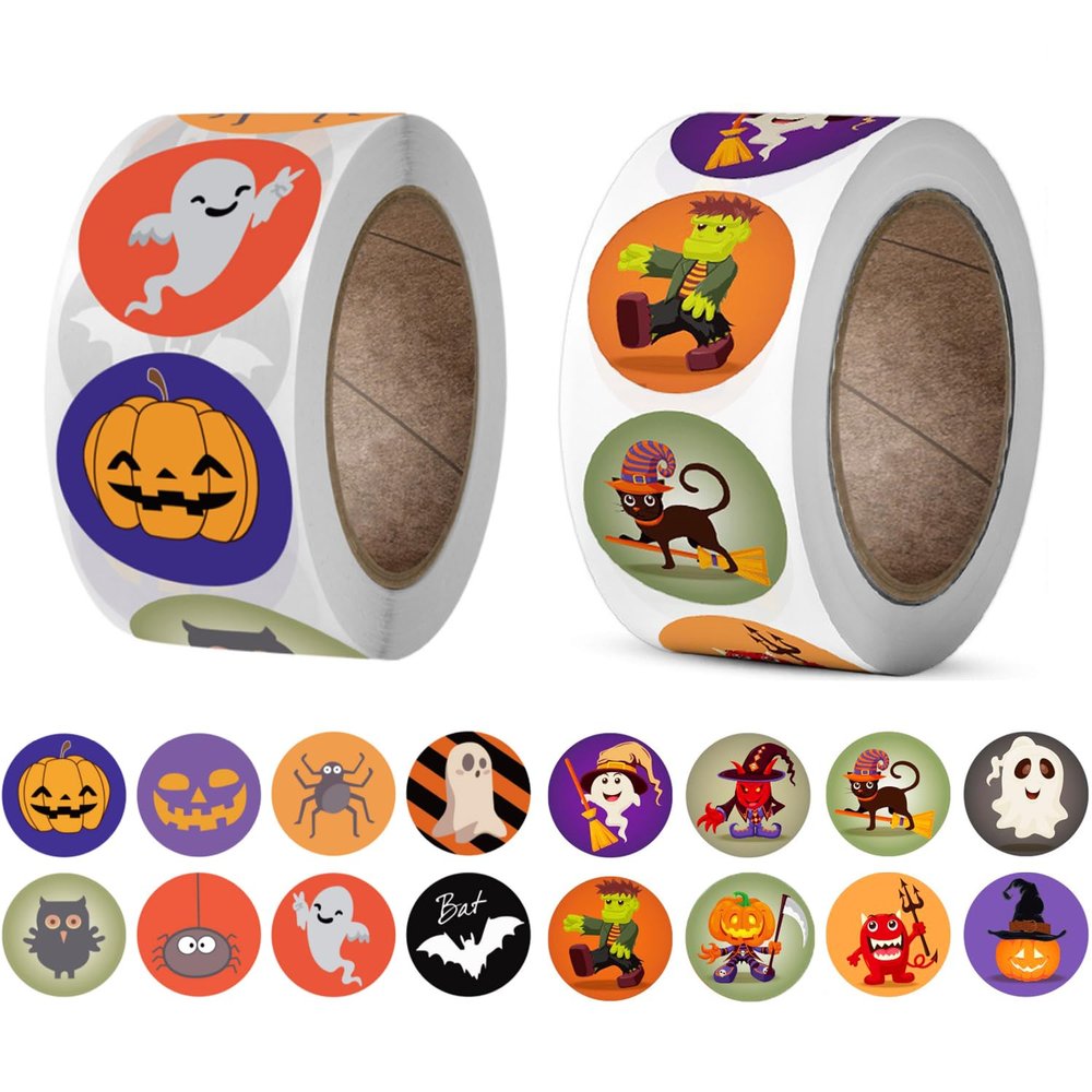 1000 PCS Halloween Stickers, Round Halloween Stickers for Kids Self Adhesive Sticker Roll Labels with Pumpkin, Bat, and Spider, Kid's Stickers Decals for Halloween Praty Decorations