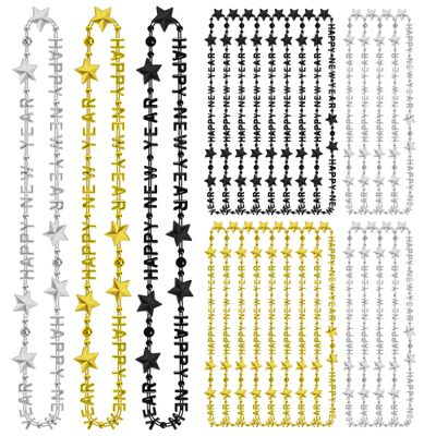 48PCS New Years Necklace, 3 Kinds New Years Eve Bead Necklaces Party Supplies 2026 Bulk, HAPPY NEW YEAR Star Necklace Accessories, Black Gold Silver Bead Necklace 2026 for New Year Party Decorations