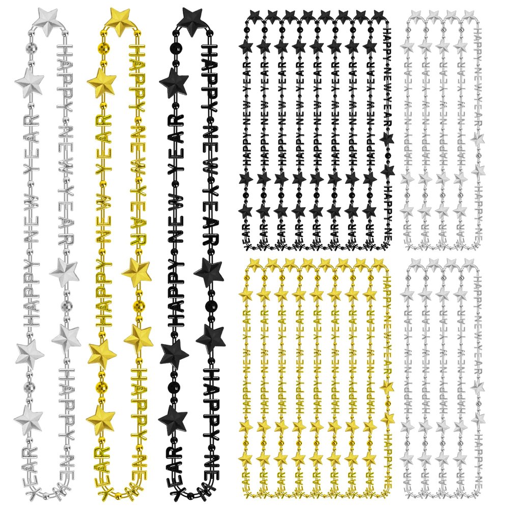 48PCS New Years Necklace, 3 Kinds New Years Eve Bead Necklaces Party Supplies 2026 Bulk, HAPPY NEW YEAR Star Necklace Accessories, Black Gold Silver Bead Necklace 2026 for New Year Party Decorations