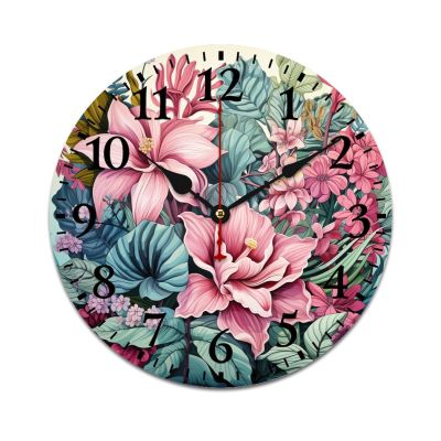 HighonHi 16 Inch Wall Clocks Green Leaf with Tropical Flowers and Cactus Wooden Hanging Clock Silent Non Ticking Arabic Numeral Baby Cute Nursery Cactus Wooden Wall Clocks for Kids Room and Kitchen