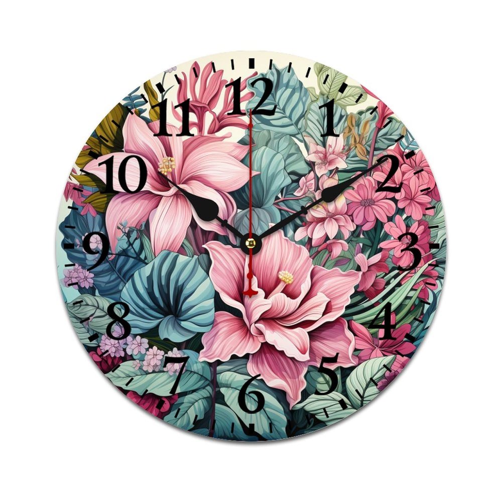 HighonHi 16 Inch Wall Clocks Green Leaf with Tropical Flowers and Cactus Wooden Hanging Clock Silent Non Ticking Arabic Numeral Baby Cute Nursery Cactus Wooden Wall Clocks for Kids Room and Kitchen