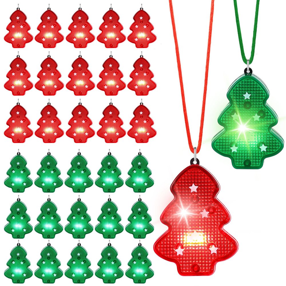 Yinkin 30 Pcs Christmas Light up Necklace for Adults Flashing Necklaces Christmas Accessory for Xmas Party Favors Stocking Stuffers Xmas Ornaments Decoration Party Supplies (Tree)