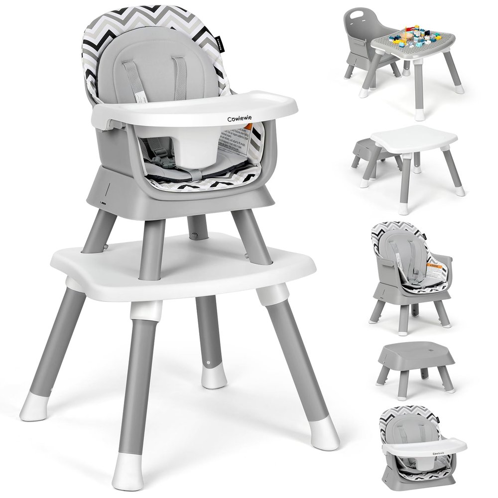 Cowiewie 8 in 1 Baby High Chair for Babies & Toddlers Table and Chair Set Building Block Table Highchair with Safety Harness, Removable Tray(Wavy)